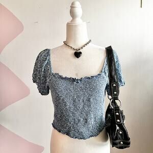 Aerie Floral Smocked Puff Sleeve Cropped Top Blue Large‎ Prairie Coquette
